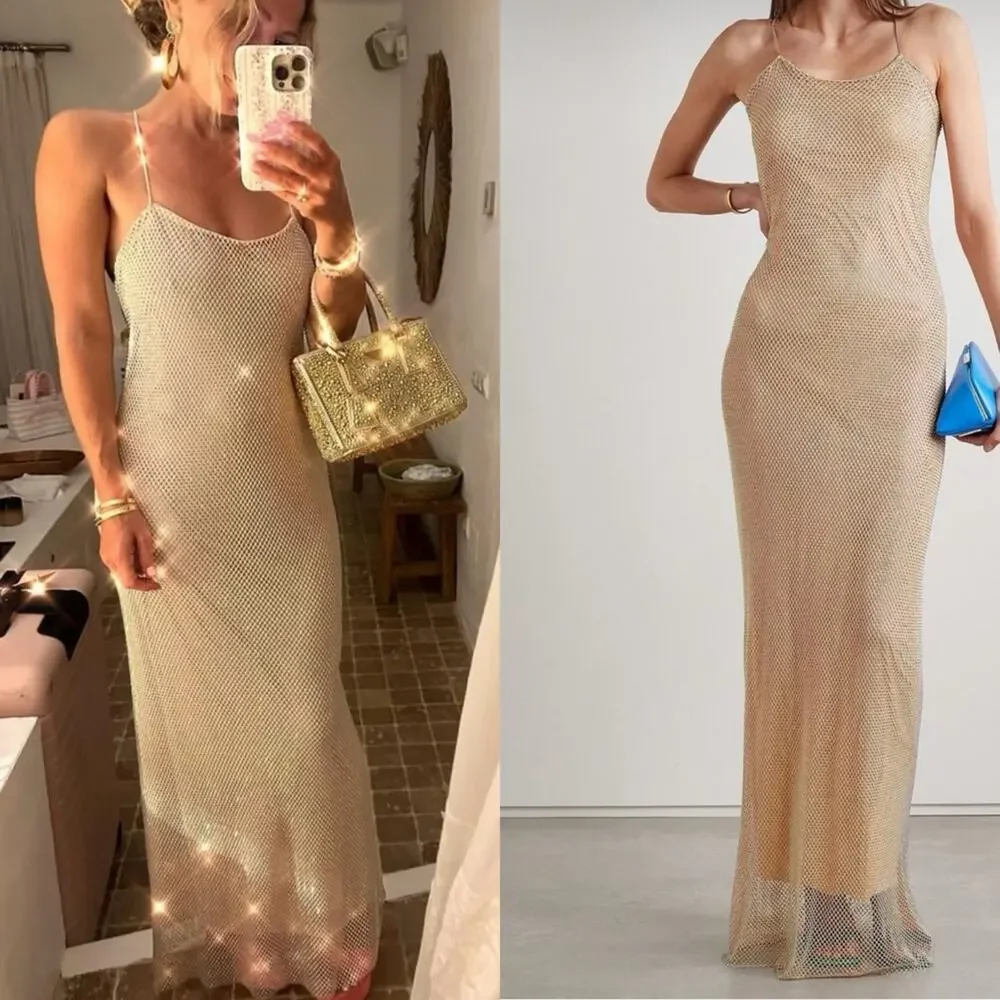 LoveShackFancy Calvert Beaded Crystal Embellished Mesh Maxi Dress Size 4